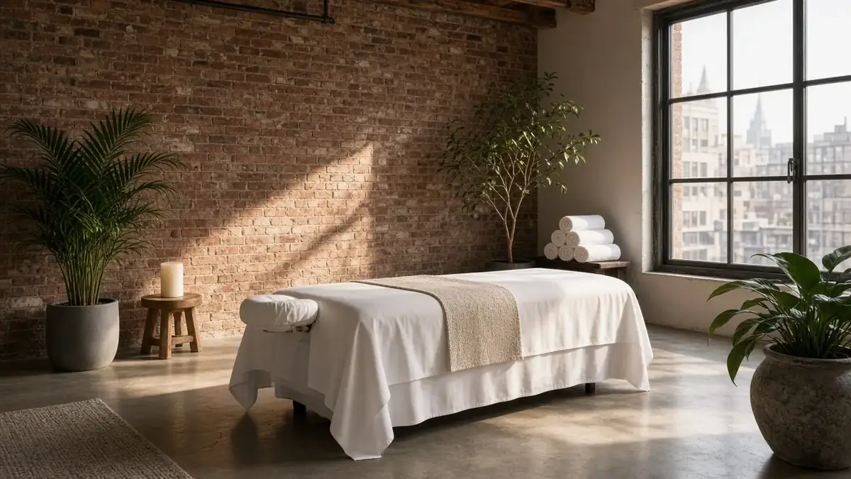 Calm massage room with a linen-draped table